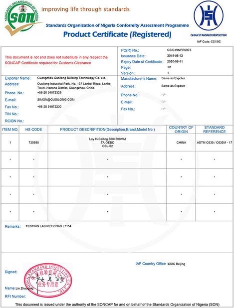Porcellana Guangzhou Ousilong Building Technology Co., Ltd Certificazioni