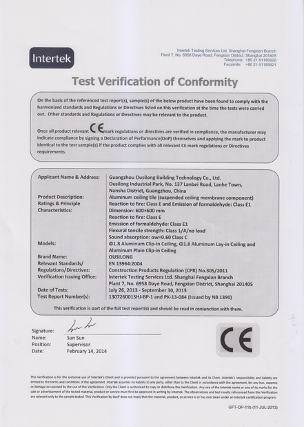 Cina Guangzhou Ousilong Building Technology Co., Ltd Certificazioni